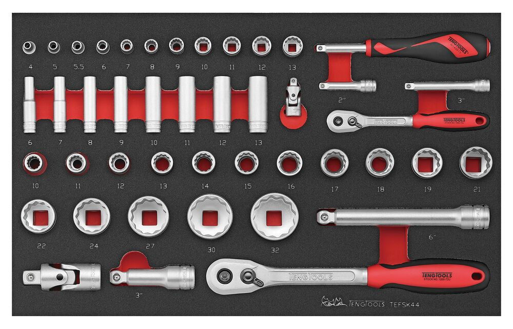 Exploded diagram for the Teng Tools 1/4" & 1/2" Socket Set FOAM3 44 Pieces