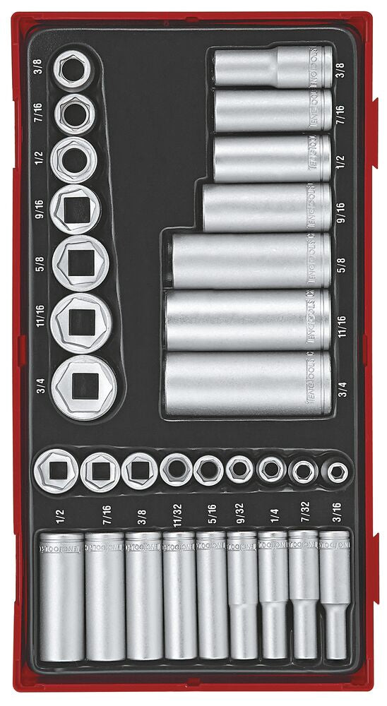 Exploded diagram for the Teng Tools 1/4" & 3/8" Socket Set AF 6 pt TT1 32 Pieces