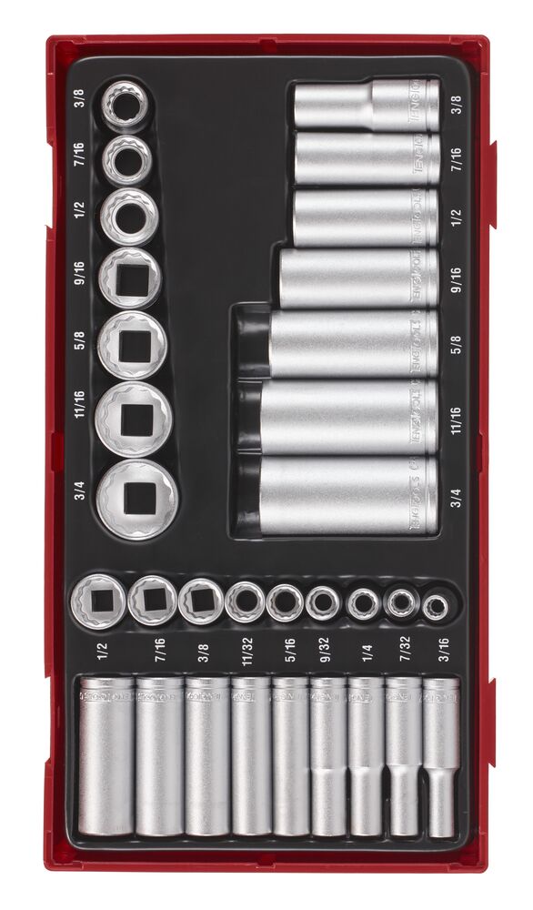 Exploded diagram for the Teng Tools 1/4" & 3/8" Socket Set 12 pt AF TT1 32 Pieces