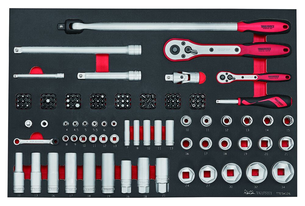 Exploded diagram for the Teng Tools 1/4" & 1/2" Socket Set 6 pt FOAM4X4 126 Pieces