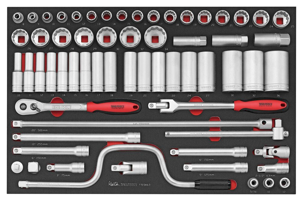 Exploded diagram for the Teng Tools 1/2" Socket Set 12 pt FOAM4X4 63 Pieces